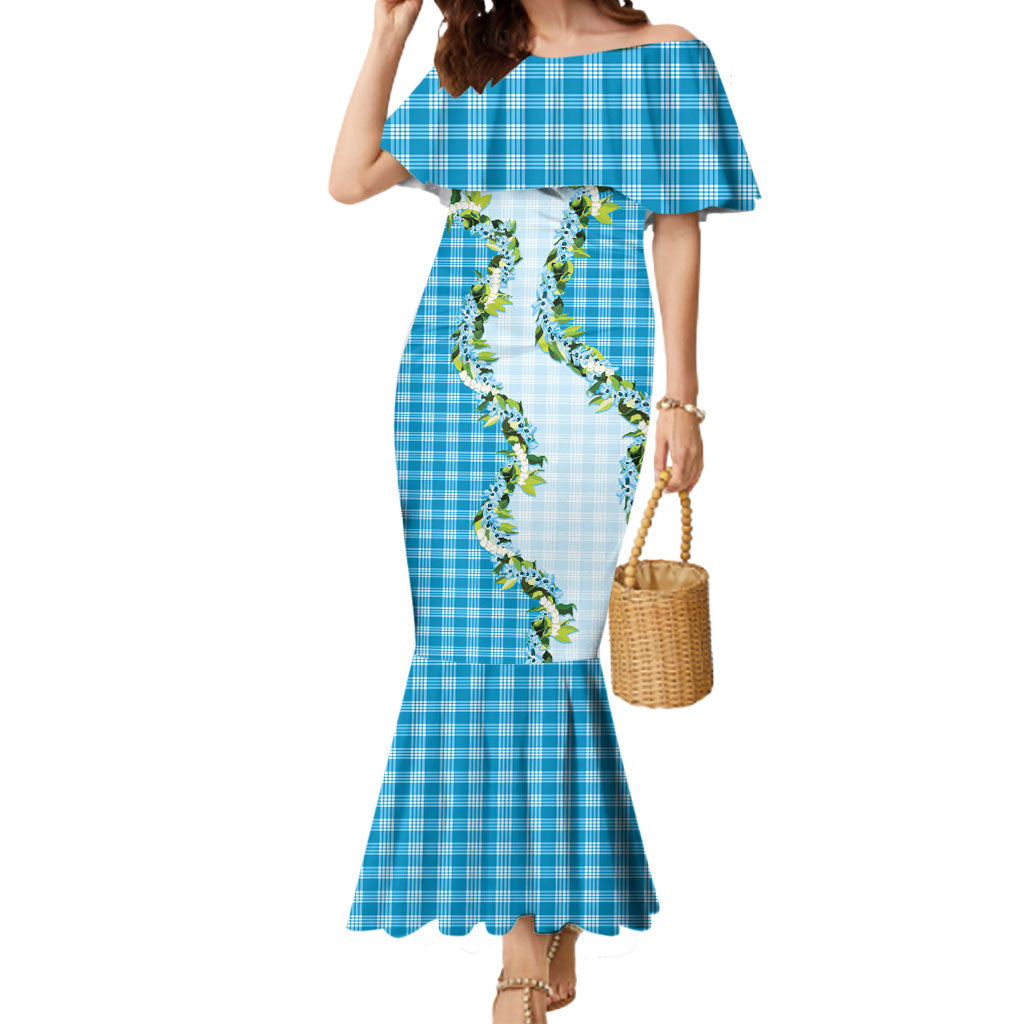 Blue Hawaii Palaka Mermaid Dress Maile Pikake Honohono Orchid Lei