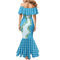 Blue Hawaii Palaka Mermaid Dress Maile Pikake Honohono Orchid Lei