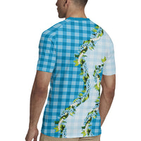 Blue Hawaii Palaka Rugby Jersey Maile Pikake Honohono Orchid Lei