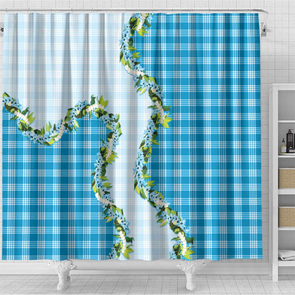 Blue Hawaii Palaka Shower Curtain Maile Pikake Honohono Orchid Lei