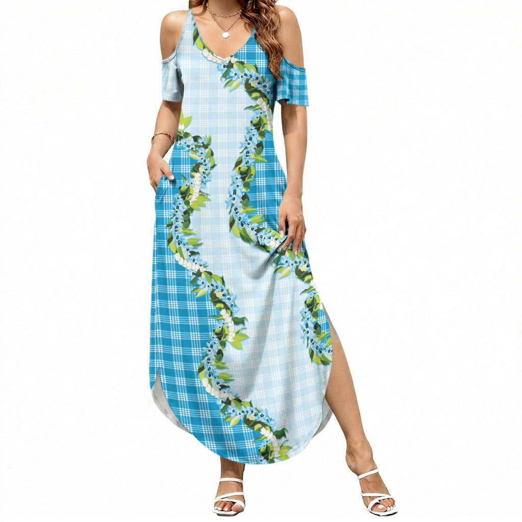 Blue Hawaii Palaka Summer Maxi Dress Maile Pikake Honohono Orchid Lei LT05 Women Blue - Polynesian Pride