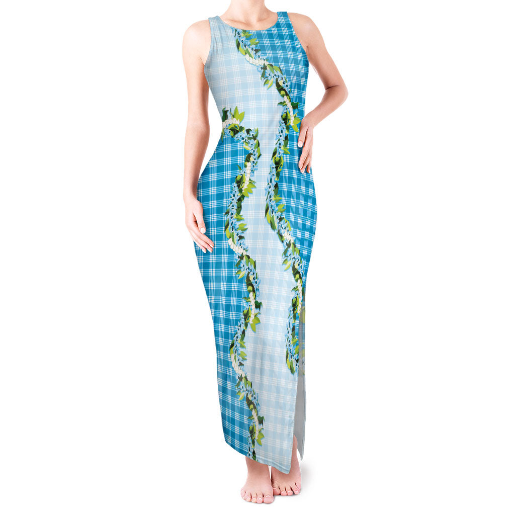 Blue Hawaii Palaka Tank Maxi Dress Maile Pikake Honohono Orchid Lei