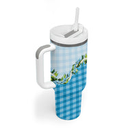 Blue Hawaii Palaka Tumbler With Handle Maile Pikake Honohono Orchid Lei