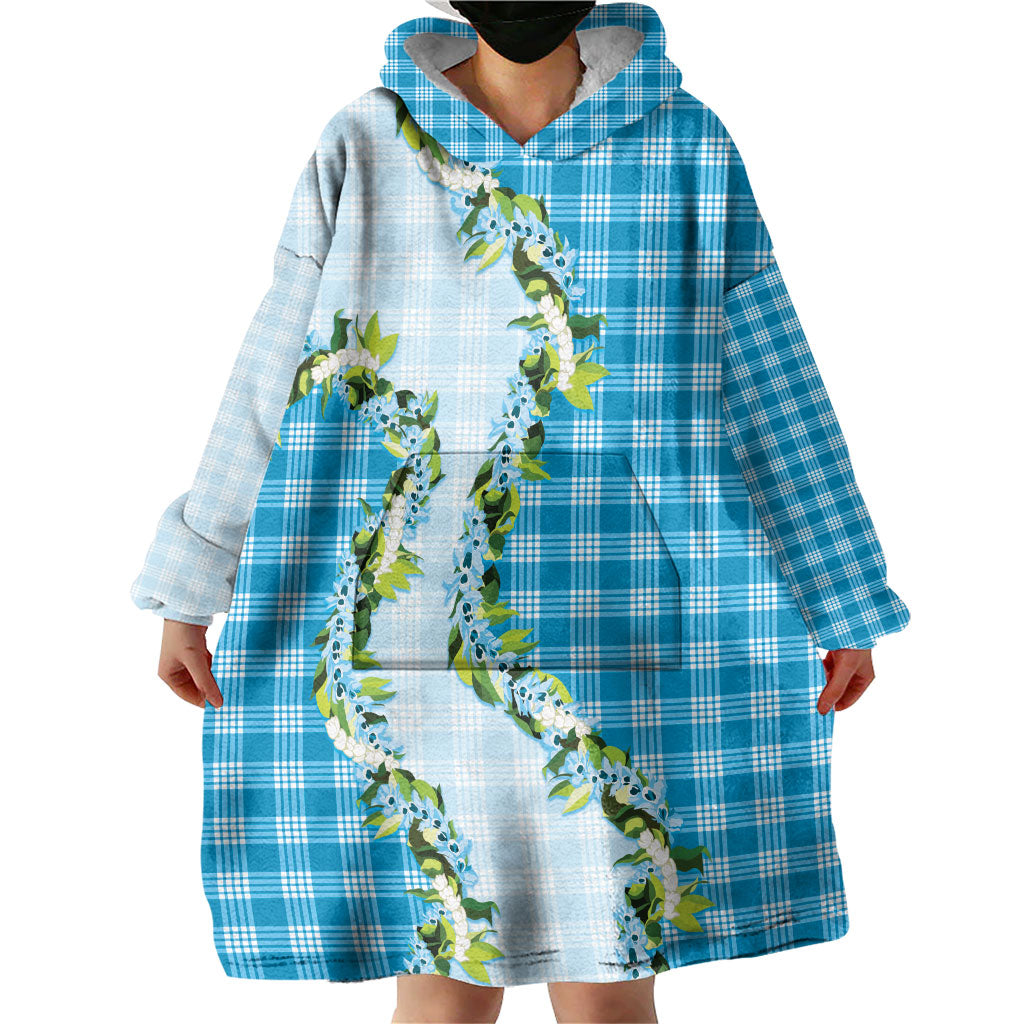 Blue Hawaii Palaka Wearable Blanket Hoodie Maile Pikake Honohono Orchid Lei
