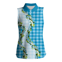 Blue Hawaii Palaka Women Sleeveless Polo Shirt Maile Pikake Honohono Orchid Lei