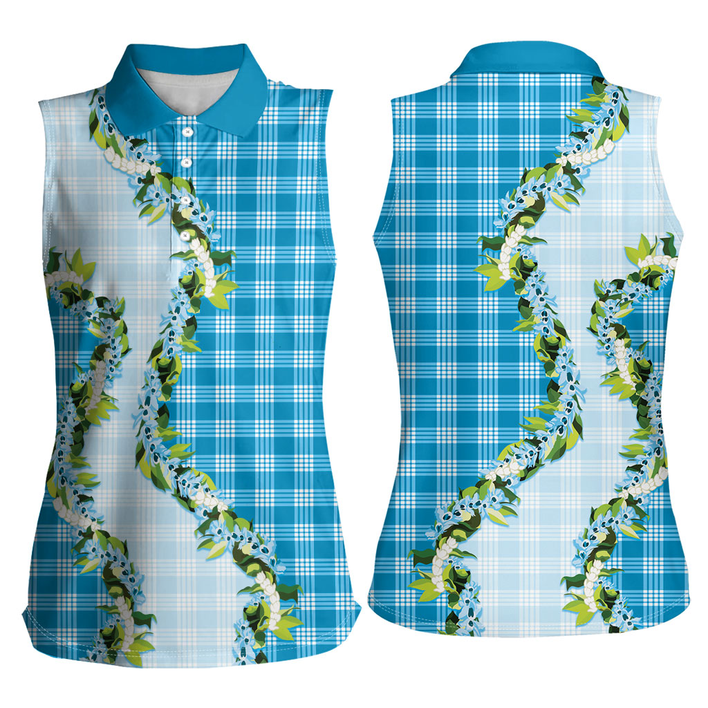 Blue Hawaii Palaka Women Sleeveless Polo Shirt Maile Pikake Honohono Orchid Lei