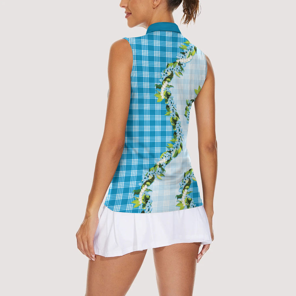 Blue Hawaii Palaka Women Sleeveless Polo Shirt Maile Pikake Honohono Orchid Lei