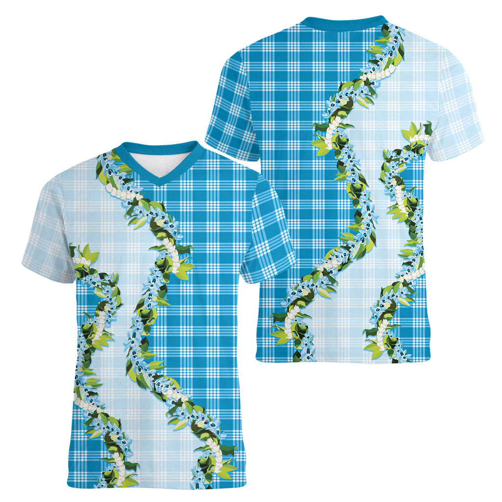 Blue Hawaii Palaka Women V-Neck T-Shirt Maile Pikake Honohono Orchid Lei