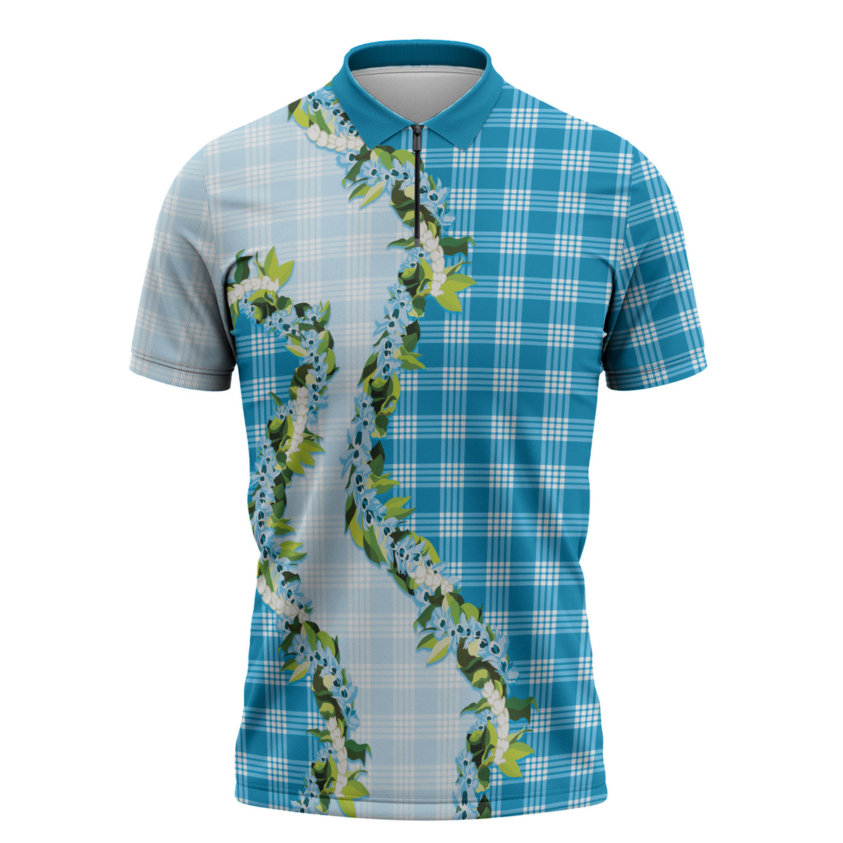 Blue Hawaii Palaka Zipper Polo Shirt Maile Pikake Honohono Orchid Lei LT05 Blue - Polynesian Pride