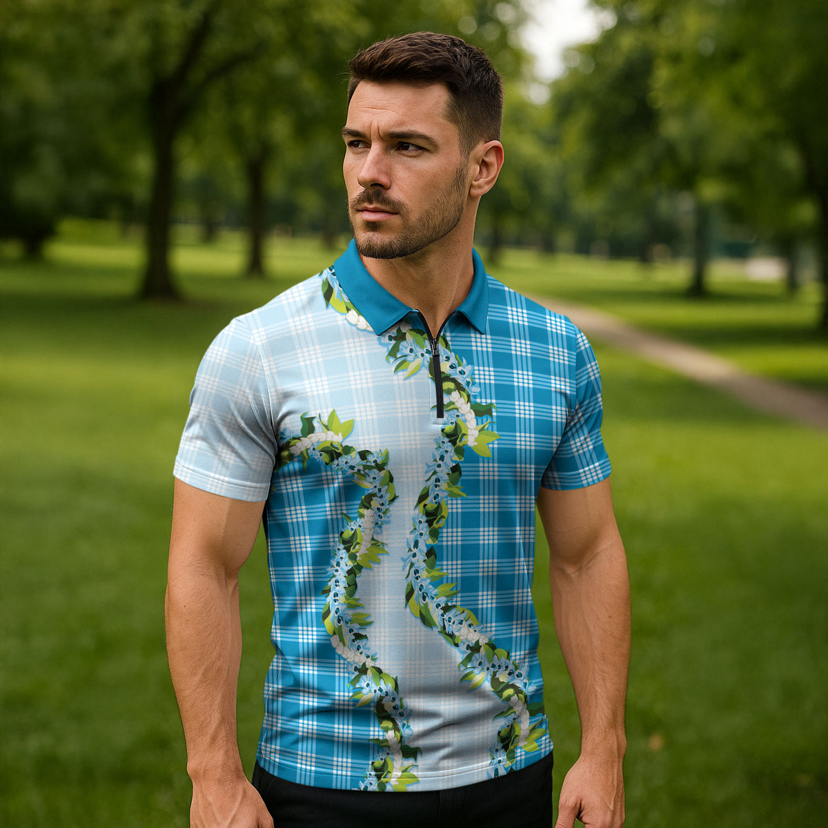 Blue Hawaii Palaka Zipper Polo Shirt Maile Pikake Honohono Orchid Lei LT05 - Polynesian Pride