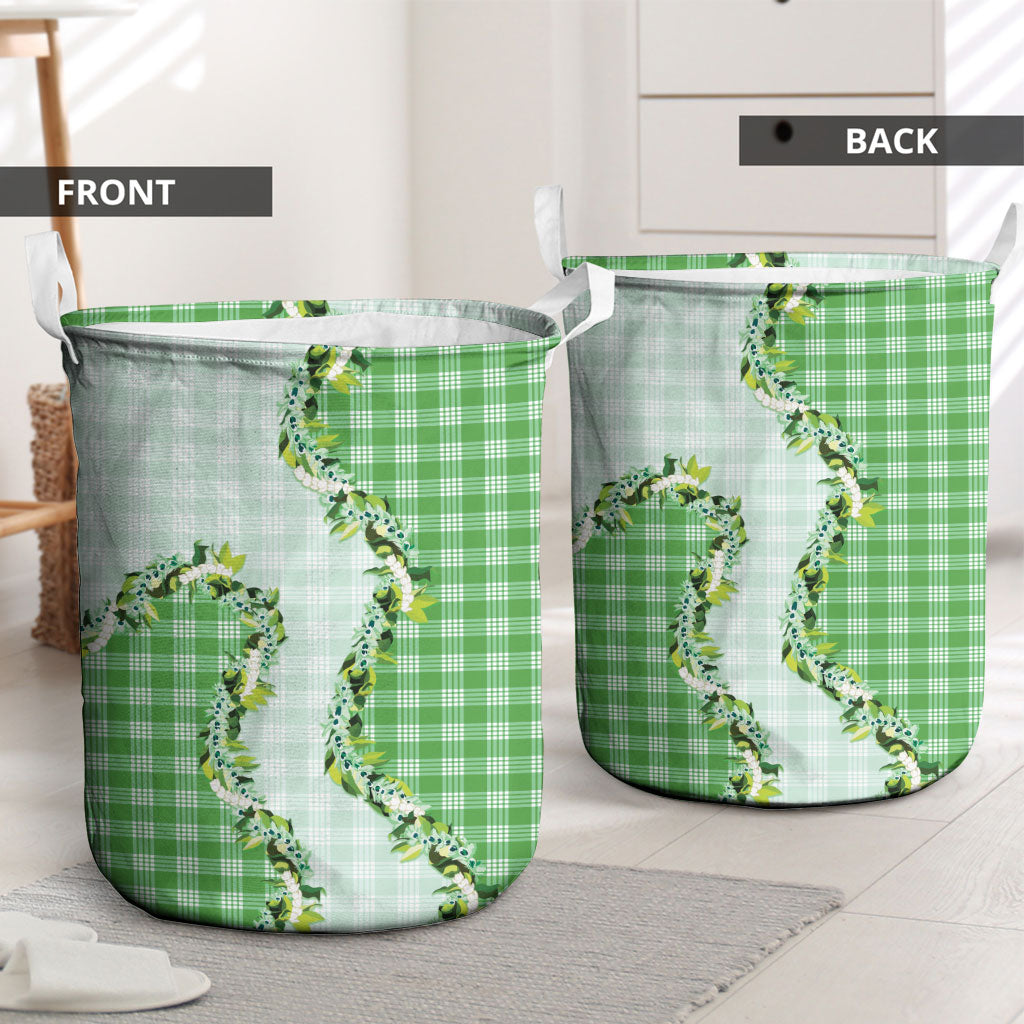 Green Hawaii Palaka Laundry Basket Maile Pikake Honohono Orchid Lei