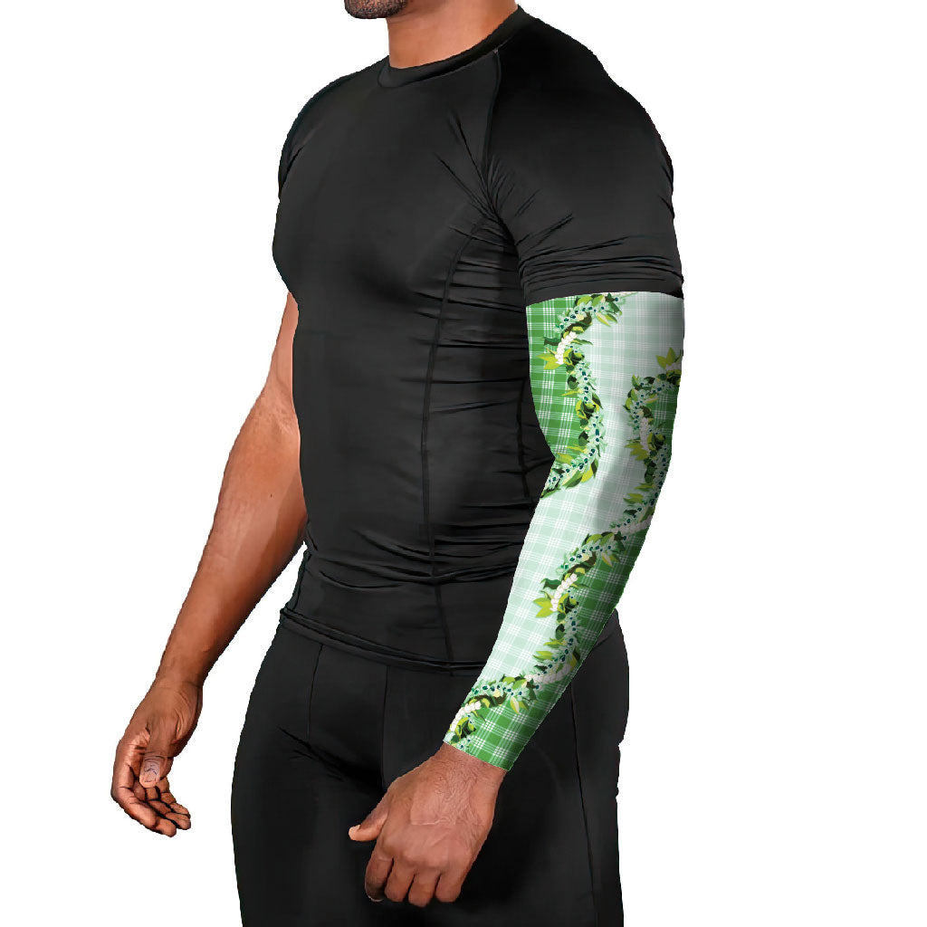 Green Hawaii Palaka Arm Sleeves Maile Pikake Honohono Orchid Lei