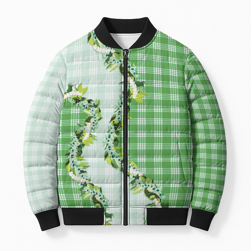 Green Hawaii Palaka Bomber Puffer Jacket Maile Pikake Honohono Orchid Lei