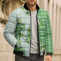 Green Hawaii Palaka Bomber Puffer Jacket Maile Pikake Honohono Orchid Lei