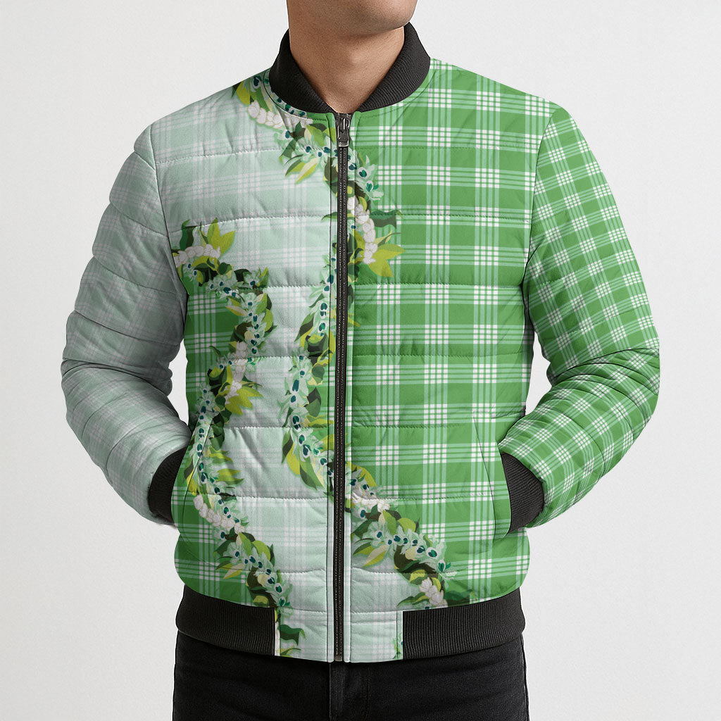 Green Hawaii Palaka Bomber Puffer Jacket Maile Pikake Honohono Orchid Lei