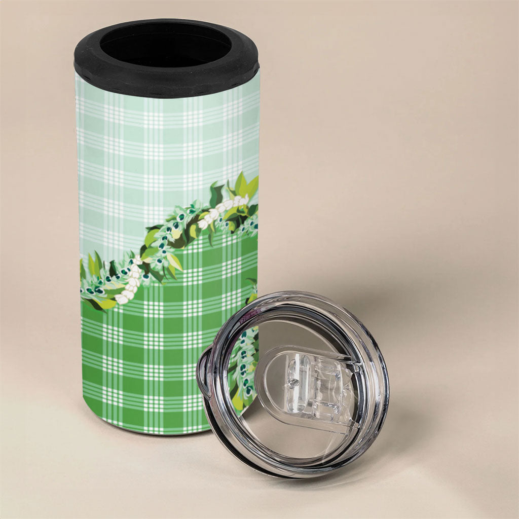 Green Hawaii Palaka 4 in 1 Can Cooler Tumbler Maile Pikake Honohono Orchid Lei