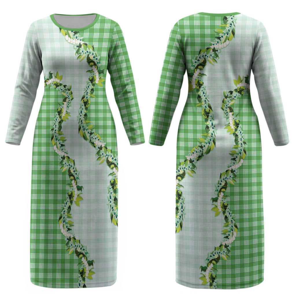 Green Hawaii Palaka Couples Matching Long Sleeve Bodycon Dress and Long Sleeve Button Shirt Maile Pikake Honohono Orchid Lei LT05 - Polynesian Pride