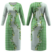 Green Hawaii Palaka Couples Matching Long Sleeve Bodycon Dress and Long Sleeve Button Shirt Maile Pikake Honohono Orchid Lei LT05 - Polynesian Pride