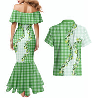 Green Hawaii Palaka Couples Matching Mermaid Dress and Hawaiian Shirt Maile Pikake Honohono Orchid Lei