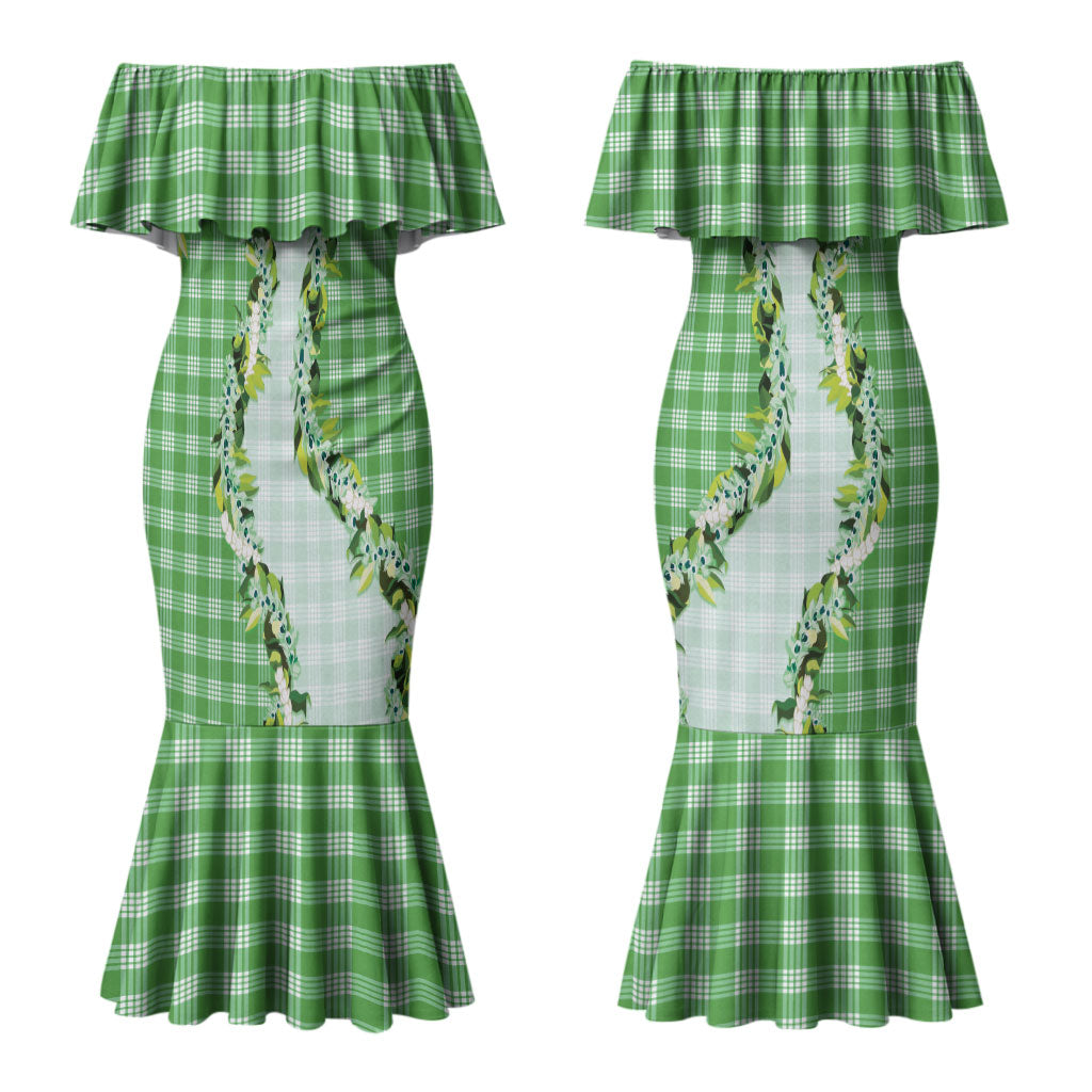 Green Hawaii Palaka Couples Matching Mermaid Dress and Long Sleeve Button Shirt Maile Pikake Honohono Orchid Lei LT05 - Polynesian Pride