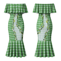 Green Hawaii Palaka Couples Matching Mermaid Dress and Long Sleeve Button Shirt Maile Pikake Honohono Orchid Lei LT05 - Polynesian Pride