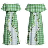 Green Hawaii Palaka Couples Matching Off Shoulder Maxi Dress and Hawaiian Shirt Maile Pikake Honohono Orchid Lei LT05 - Polynesian Pride