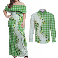 Green Hawaii Palaka Couples Matching Off Shoulder Maxi Dress and Long Sleeve Button Shirt Maile Pikake Honohono Orchid Lei