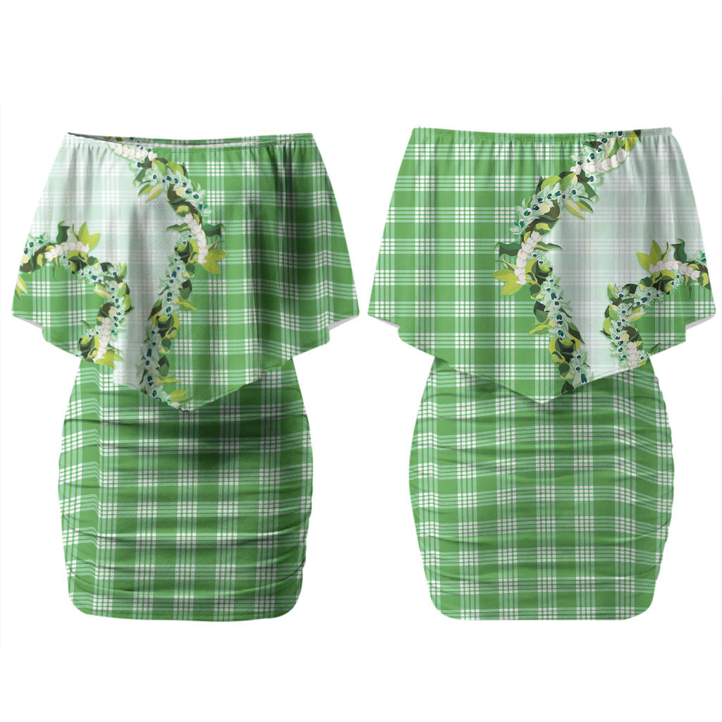 Green Hawaii Palaka Couples Matching Off Shoulder Short Dress and Long Sleeve Button Shirt Maile Pikake Honohono Orchid Lei LT05 - Polynesian Pride