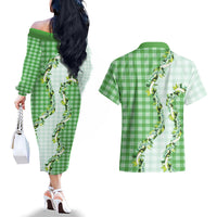 Green Hawaii Palaka Couples Matching Off The Shoulder Long Sleeve Dress and Hawaiian Shirt Maile Pikake Honohono Orchid Lei