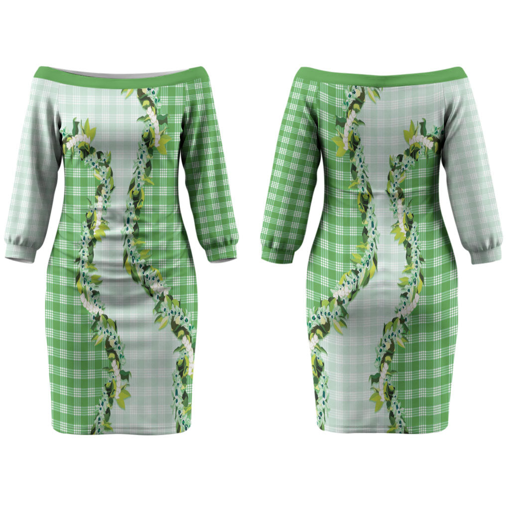 Green Hawaii Palaka Couples Matching Off The Shoulder Long Sleeve Dress and Hawaiian Shirt Maile Pikake Honohono Orchid Lei LT05 - Polynesian Pride
