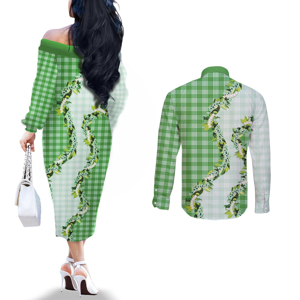 Green Hawaii Palaka Couples Matching Off The Shoulder Long Sleeve Dress and Long Sleeve Button Shirt Maile Pikake Honohono Orchid Lei