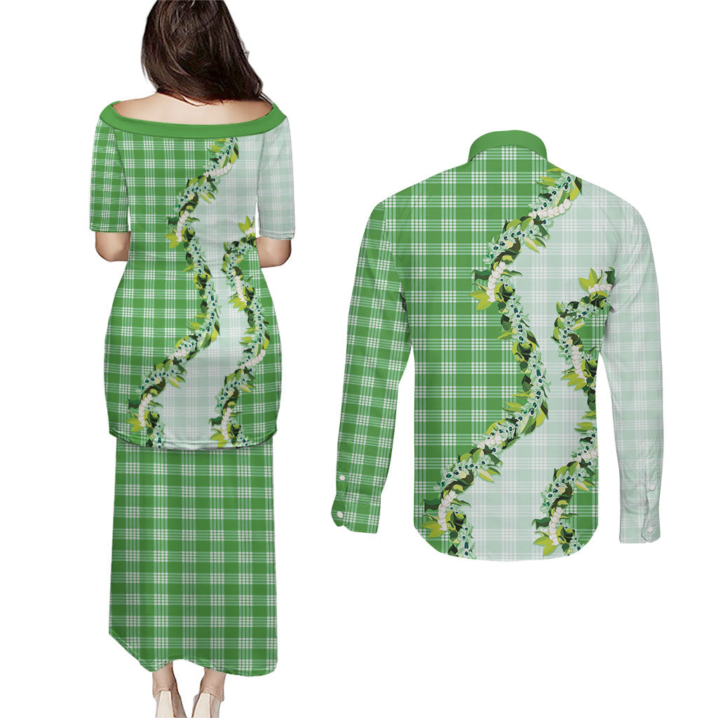 Green Hawaii Palaka Couples Matching Puletasi and Long Sleeve Button Shirt Maile Pikake Honohono Orchid Lei