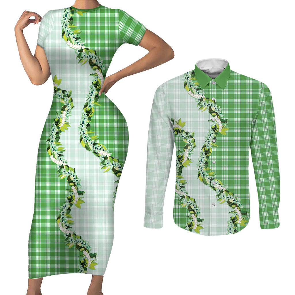 Green Hawaii Palaka Couples Matching Short Sleeve Bodycon Dress and Long Sleeve Button Shirt Maile Pikake Honohono Orchid Lei