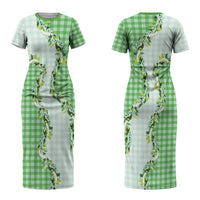 Green Hawaii Palaka Couples Matching Short Sleeve Bodycon Dress and Long Sleeve Button Shirt Maile Pikake Honohono Orchid Lei LT05 - Polynesian Pride