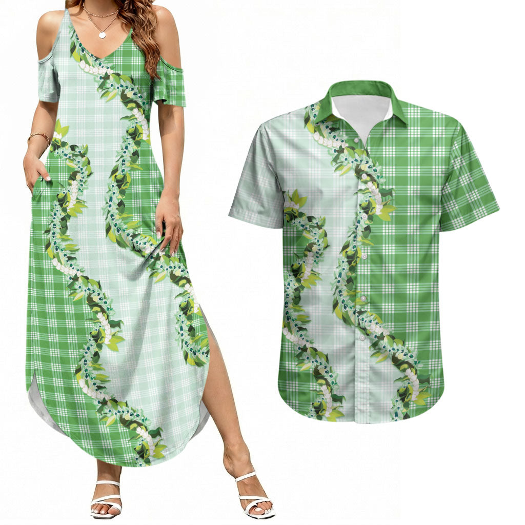 Green Hawaii Palaka Couples Matching Summer Maxi Dress and Hawaiian Shirt Maile Pikake Honohono Orchid Lei LT05 Green - Polynesian Pride