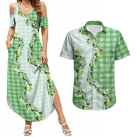 Green Hawaii Palaka Couples Matching Summer Maxi Dress and Hawaiian Shirt Maile Pikake Honohono Orchid Lei LT05 Green - Polynesian Pride