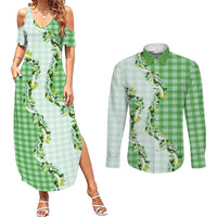 Green Hawaii Palaka Couples Matching Summer Maxi Dress and Long Sleeve Button Shirt Maile Pikake Honohono Orchid Lei