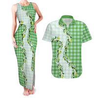 Green Hawaii Palaka Couples Matching Tank Maxi Dress and Hawaiian Shirt Maile Pikake Honohono Orchid Lei