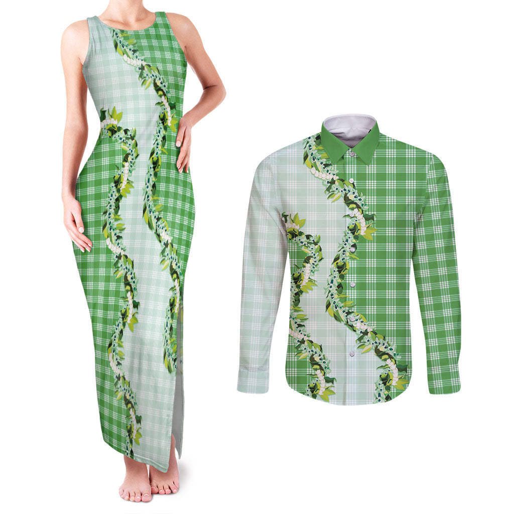Green Hawaii Palaka Couples Matching Tank Maxi Dress and Long Sleeve Button Shirt Maile Pikake Honohono Orchid Lei
