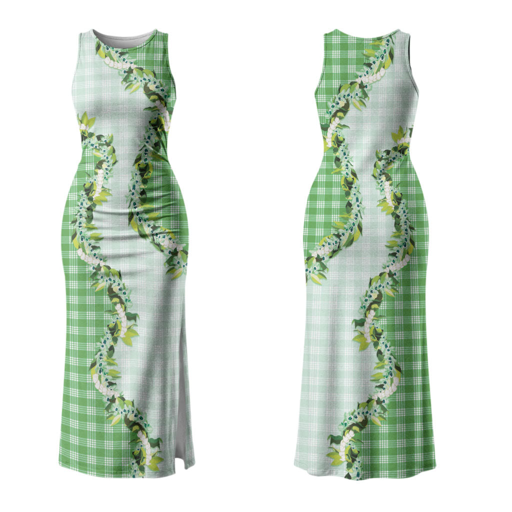 Green Hawaii Palaka Couples Matching Tank Maxi Dress and Long Sleeve Button Shirt Maile Pikake Honohono Orchid Lei LT05 - Polynesian Pride