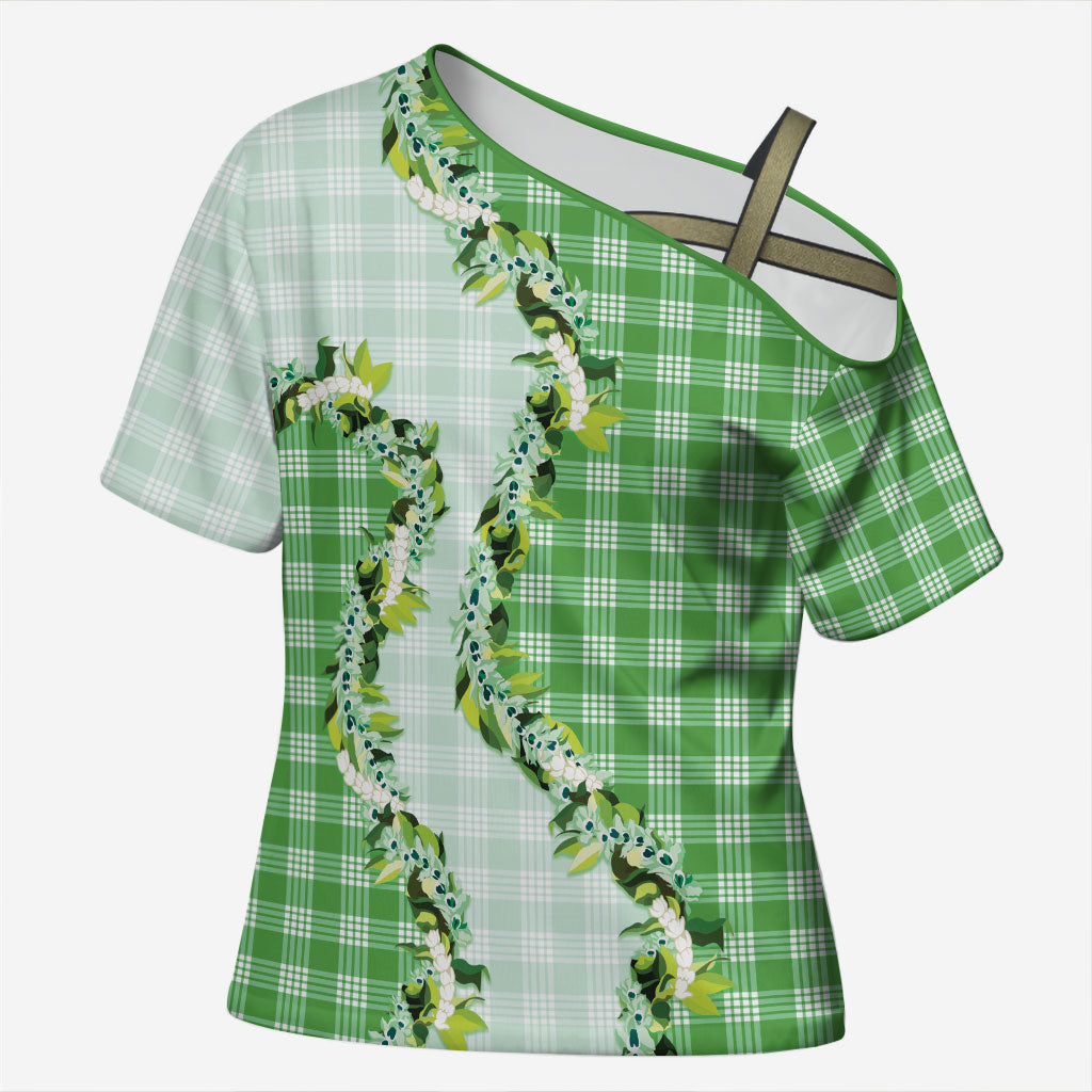 Green Hawaii Palaka Cross Shoulder Shirt Maile Pikake Honohono Orchid Lei LT05 Female Green - Polynesian Pride