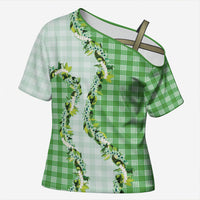 Green Hawaii Palaka Cross Shoulder Shirt Maile Pikake Honohono Orchid Lei LT05 Female Green - Polynesian Pride
