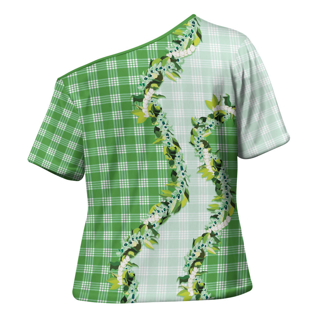 Green Hawaii Palaka Cross Shoulder Shirt Maile Pikake Honohono Orchid Lei LT05 - Polynesian Pride