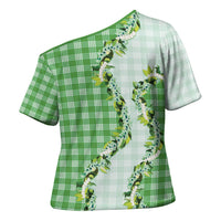 Green Hawaii Palaka Cross Shoulder Shirt Maile Pikake Honohono Orchid Lei LT05 - Polynesian Pride