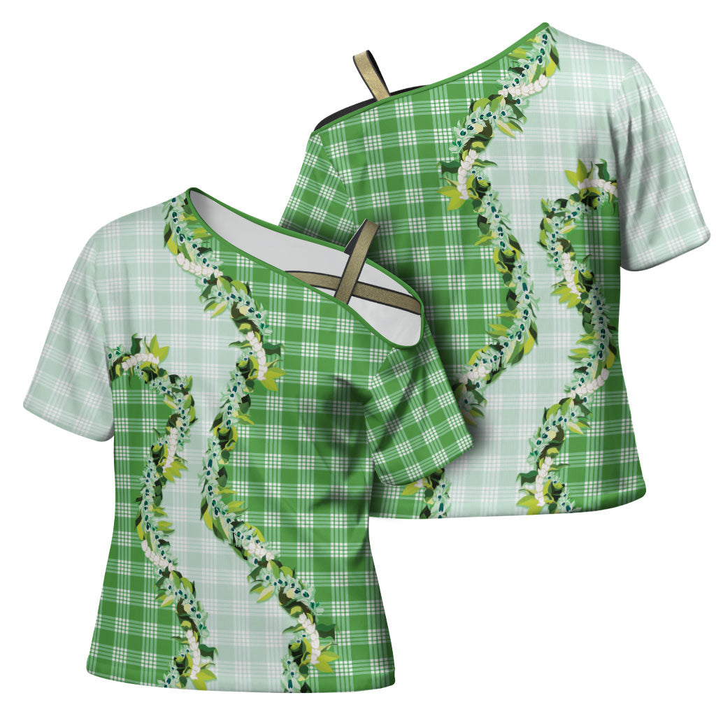 Green Hawaii Palaka Cross Shoulder Shirt Maile Pikake Honohono Orchid Lei LT05 - Polynesian Pride