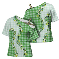 Green Hawaii Palaka Cross Shoulder Shirt Maile Pikake Honohono Orchid Lei LT05 - Polynesian Pride