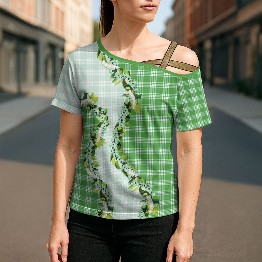 Green Hawaii Palaka Cross Shoulder Shirt Maile Pikake Honohono Orchid Lei LT05 - Polynesian Pride
