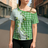 Green Hawaii Palaka Cross Shoulder Shirt Maile Pikake Honohono Orchid Lei LT05 - Polynesian Pride
