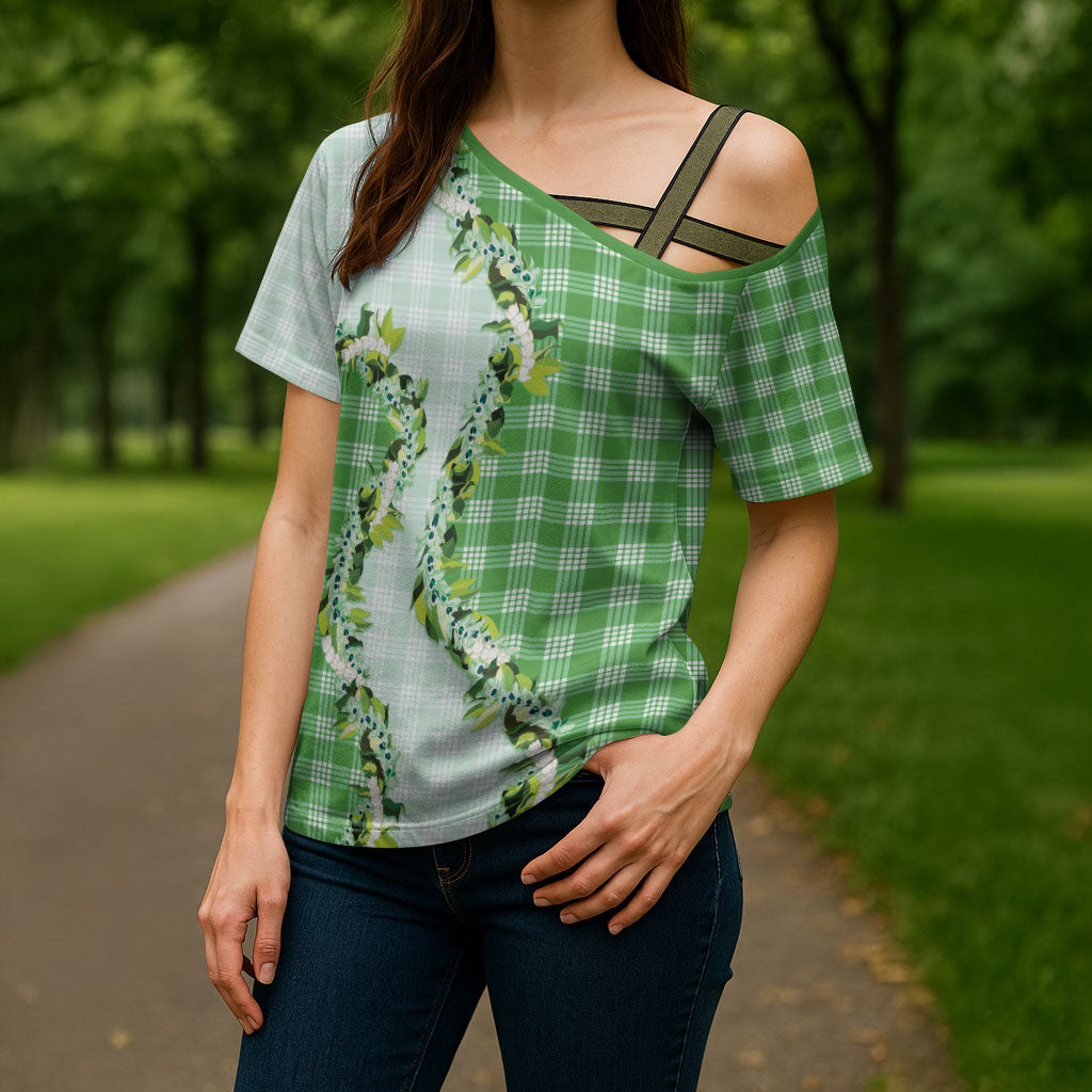 Green Hawaii Palaka Cross Shoulder Shirt Maile Pikake Honohono Orchid Lei LT05 - Polynesian Pride