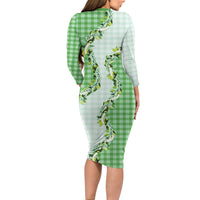 Green Hawaii Palaka Family Matching Long Sleeve Bodycon Dress and Hawaiian Shirt Maile Pikake Honohono Orchid Lei